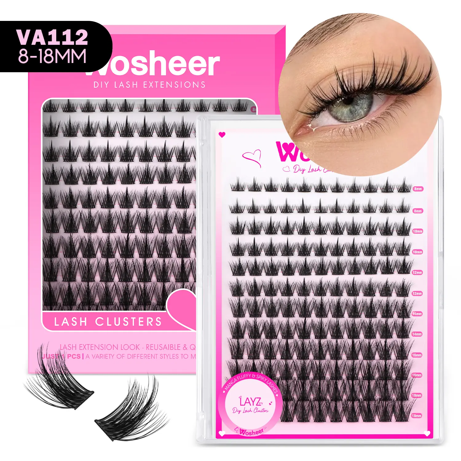 WOSHEER Lash Clusters DIY Eyelash Extensions  D Curl 3D Eyelash Clusters Extensions Wispy Lashes Cluster Ultra-Soft & Super Ligh
