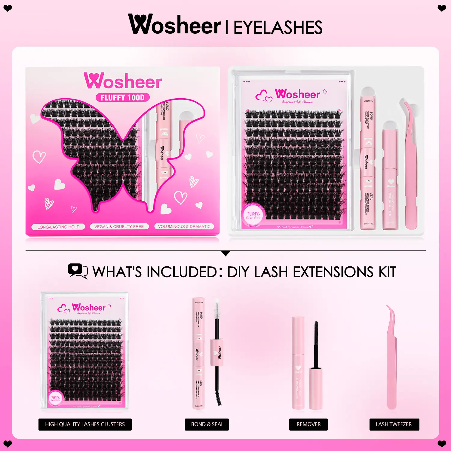 WOSHEER Eyelash Clusters Kit Fluffy Individual Lashes Lash Bond And Seal And Remover Faux Mink Lashes Eyelash Extension DIY