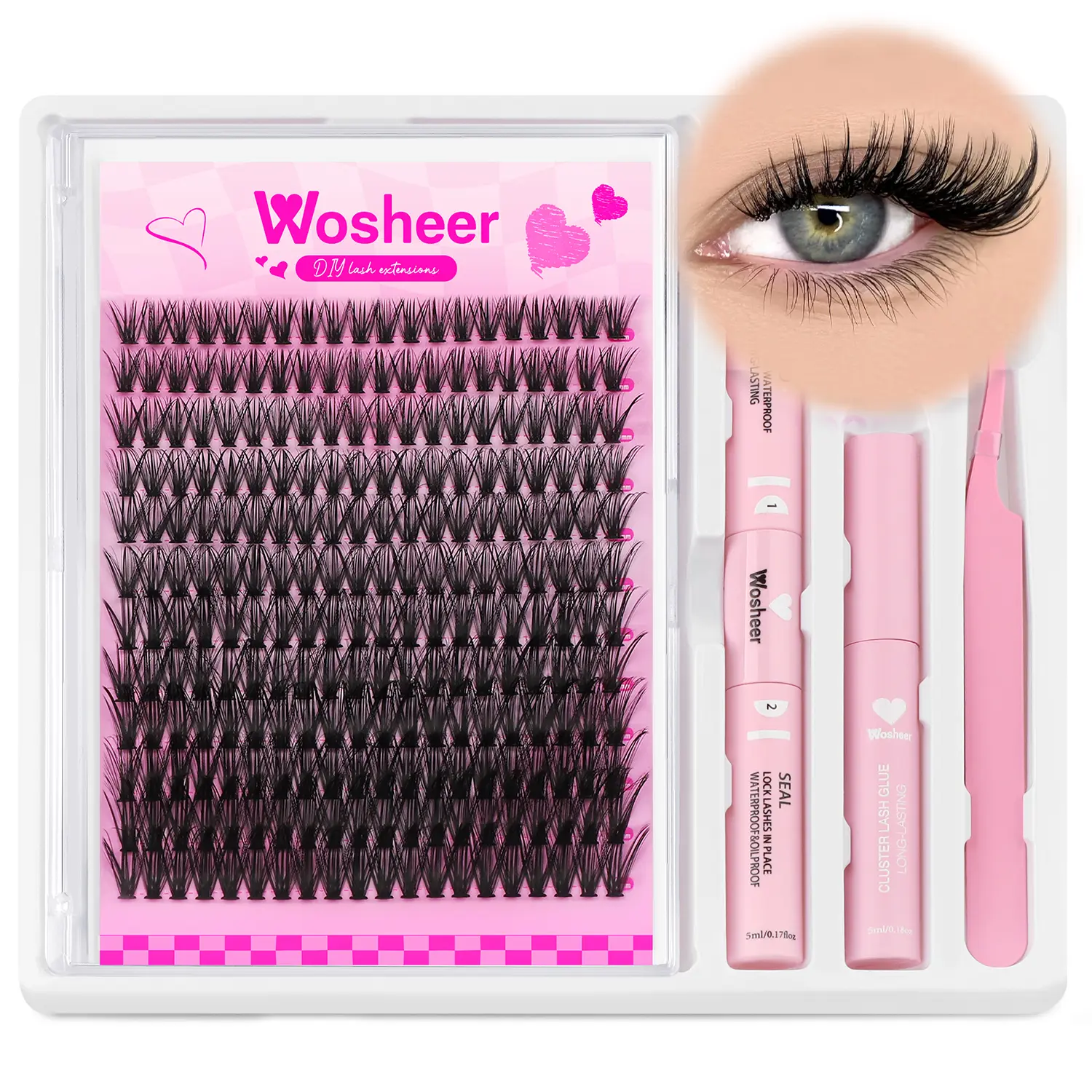 WOSHEER Lash Extension Kit DIY Clusters Eyelash Extension Kit 40D Lashes Kit with Lash Bond and Seal Lash Tweezers