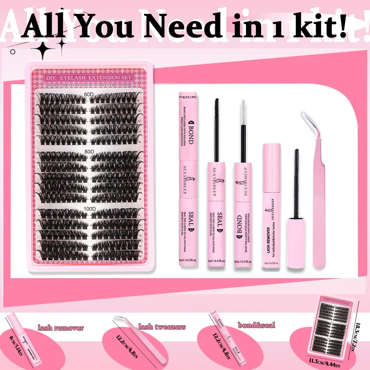 Individual Eyelash Clusters Kit 60D80D100D Fluffy Natural Look DIY Long Lasting Eyelashes Extension Kit Natural Clusters