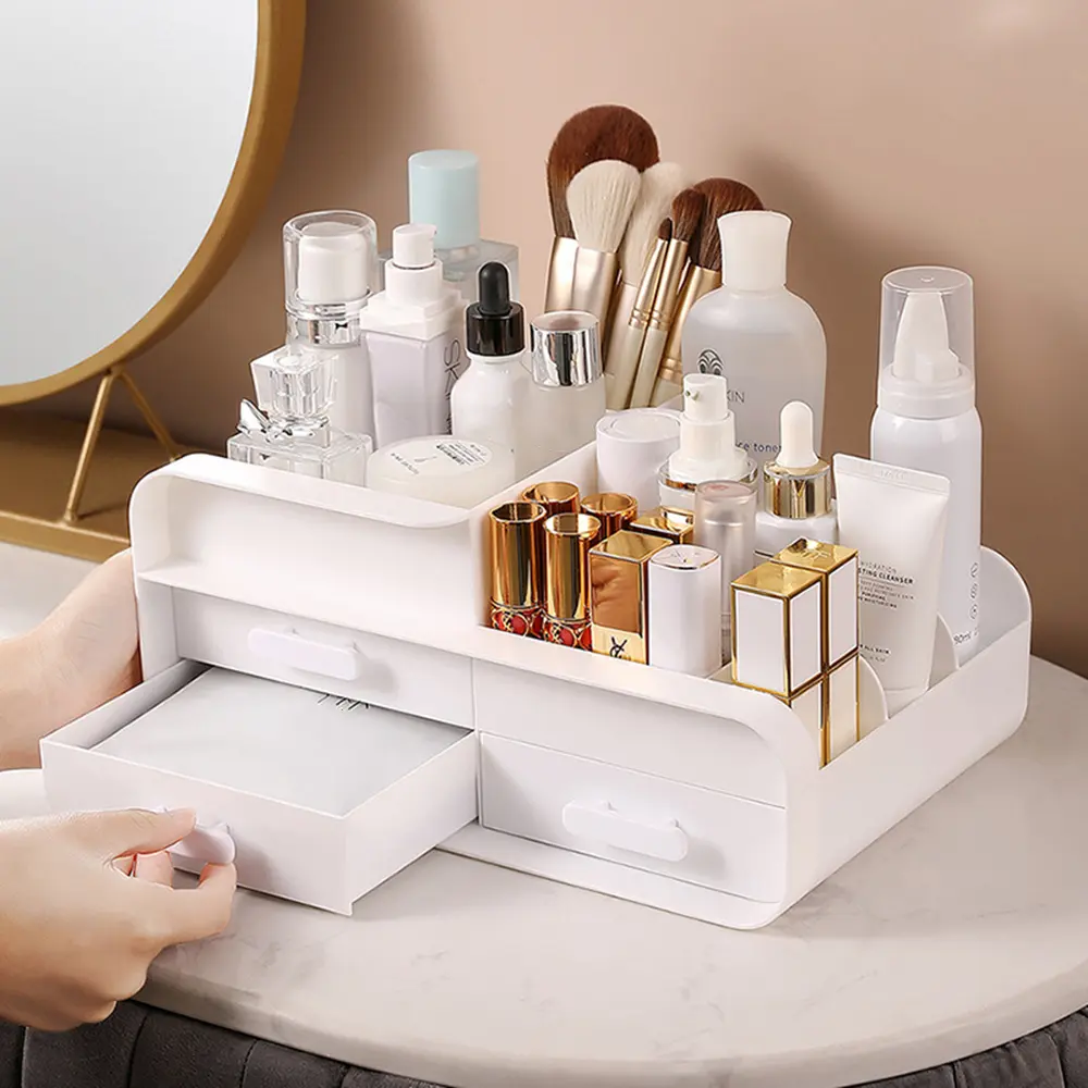Household Cosmetics Storage Box, Desktop, Dresser Skin Care Products, Lipstick, Makeup Brush Cleaning Dustproof Drawer, White