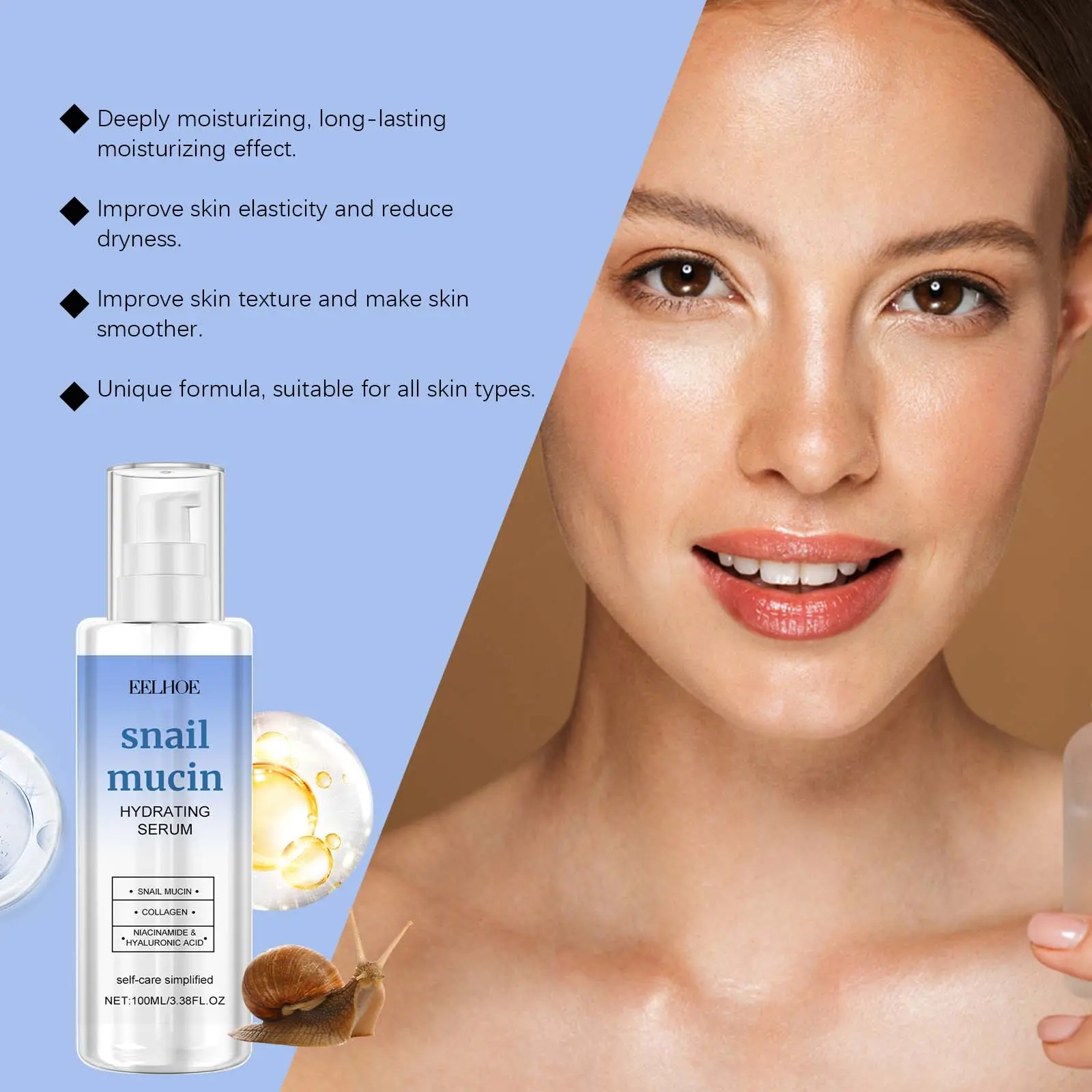 EELHOE Snail Mucin Serum Rejuvenating Shrinking Pore Firm Lift Improve Sagging Moisturize Brightening Skin Face Care Cream 100ml
