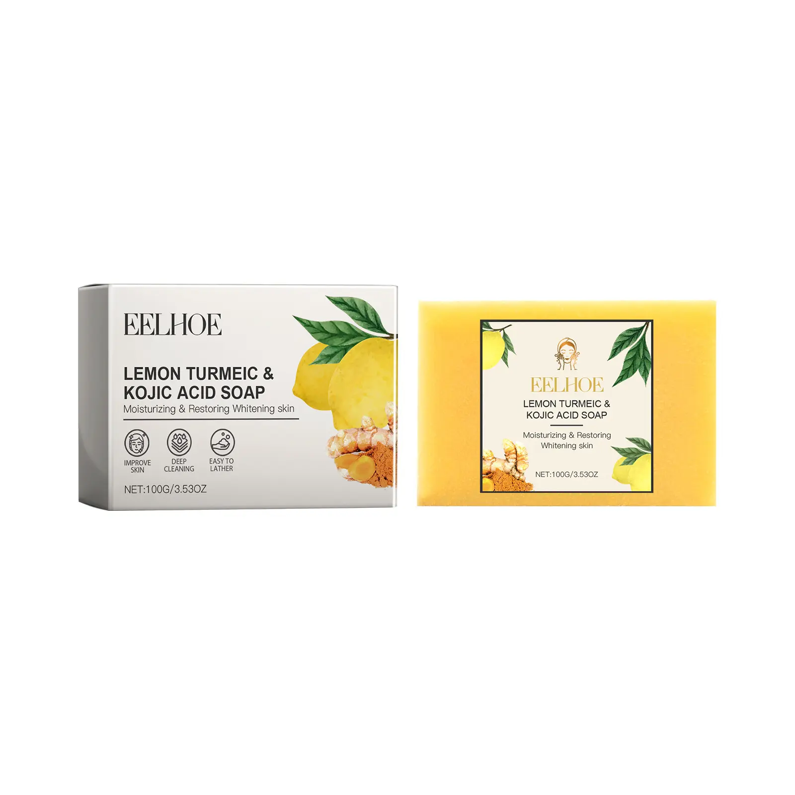 EELHOE Turmeric Soap Face Cleaning Pore Shrinking Brightening Skin Oil Control Kojic Acid Soap Lightening Face Rejuvenation 100g