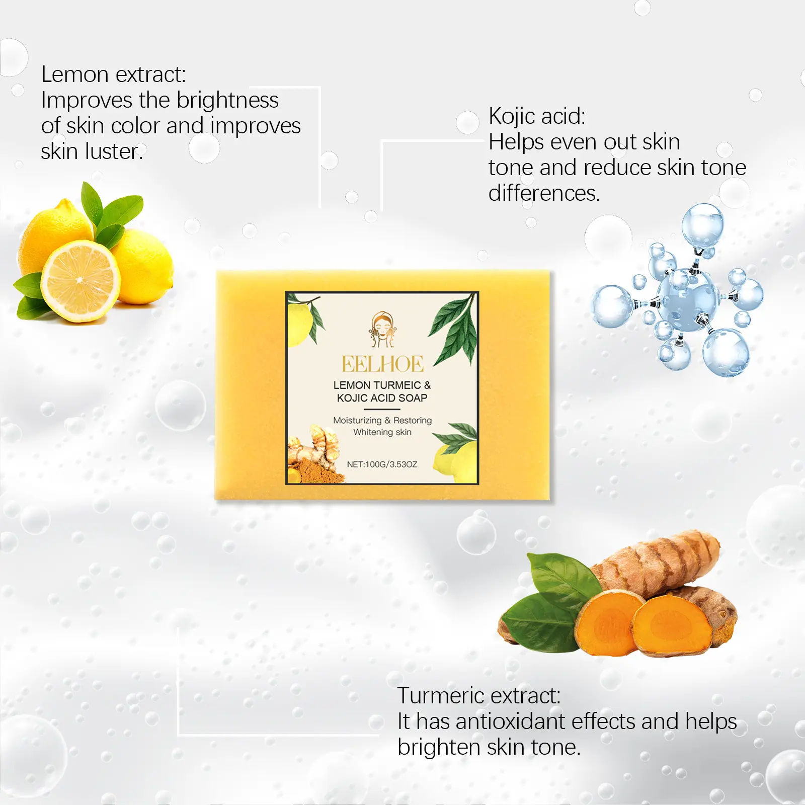 EELHOE Turmeric Soap Face Cleaning Pore Shrinking Brightening Skin Oil Control Kojic Acid Soap Lightening Face Rejuvenation 100g