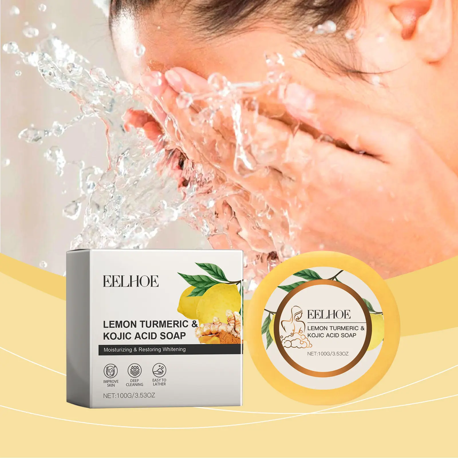 EELHOE Turmeric Soap Face Cleaning Pore Shrinking Brightening Skin Oil Control Kojic Acid Soap Lightening Face Rejuvenation 100g
