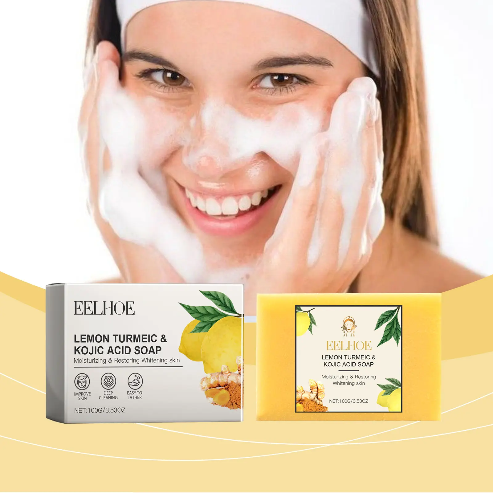 EELHOE Turmeric Soap Face Cleaning Pore Shrinking Brightening Skin Oil Control Kojic Acid Soap Lightening Face Rejuvenation 100g