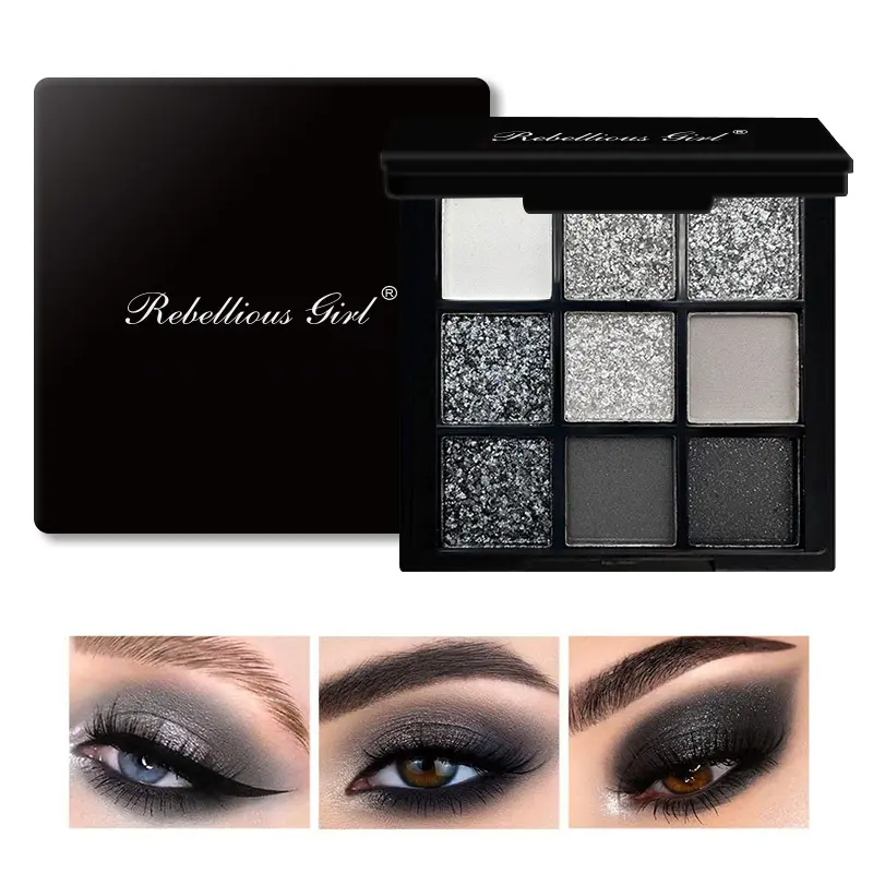 9 Colors Smokey Matte Glitter Eyeshadow Palette Punk Shimmer Shiny Eye Shadow Cosmetic Cool Toned Gray Black Eye Pigment Palett