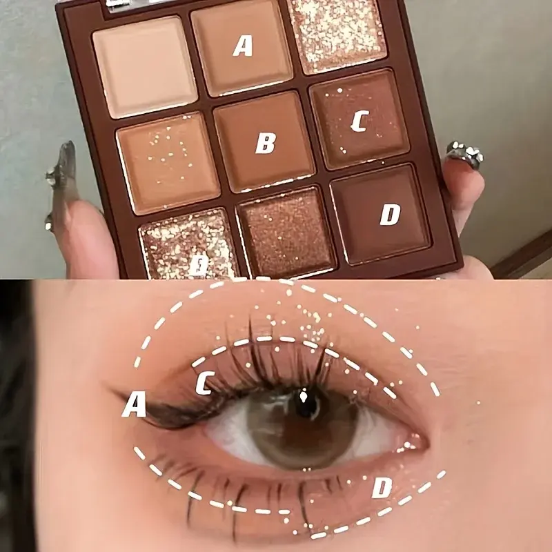 Caramel Brown 9 Colors Eyeshadow Palette Pearly Matte Earth Tones Shiny Sequin Finishes Long-Lasting Makeup Pigments