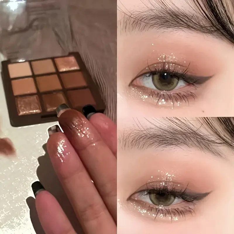 Caramel Brown 9 Colors Eyeshadow Palette Pearly Matte Earth Tones Shiny Sequin Finishes Long-Lasting Makeup Pigments