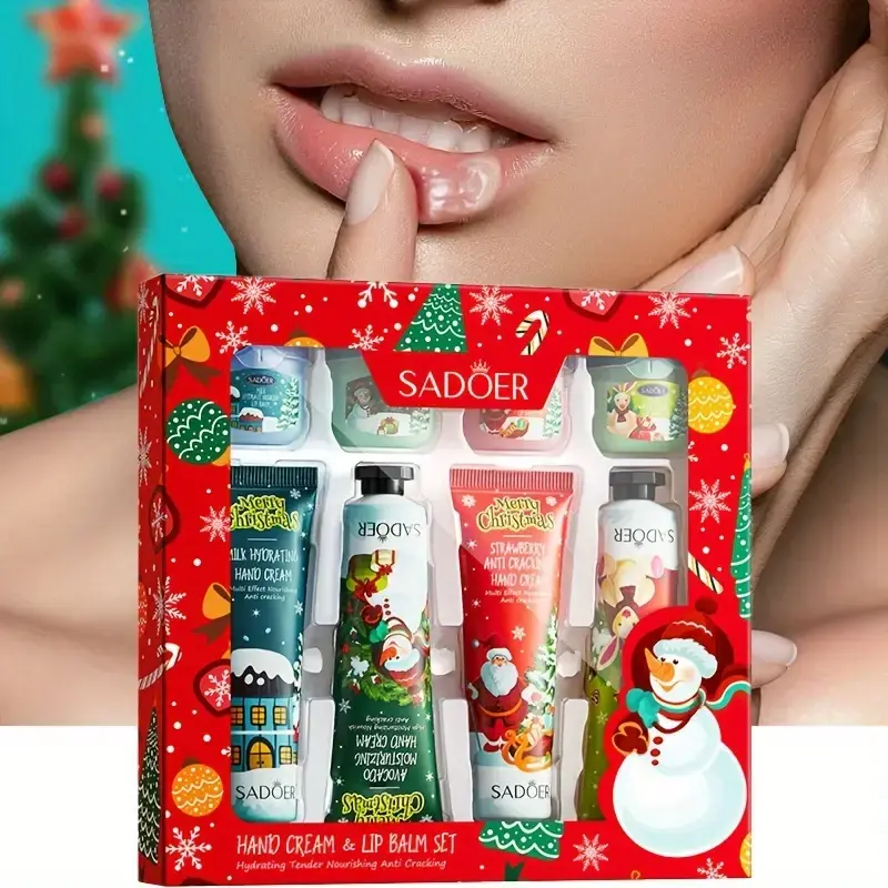 8PCS Christmas Moisturizing Anti-cracking Hand Cream and Lip Balm Combination Set,Hydrate,Moisturize Christmas Gift for Friends