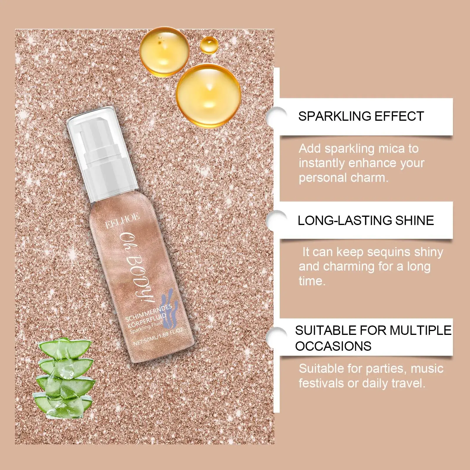 Body Glitter Spray Moisturizing Bronze Body Shimmer Glow Illuminator Non-Sticky Glitter Liquid Highlighter Spray for Face Body