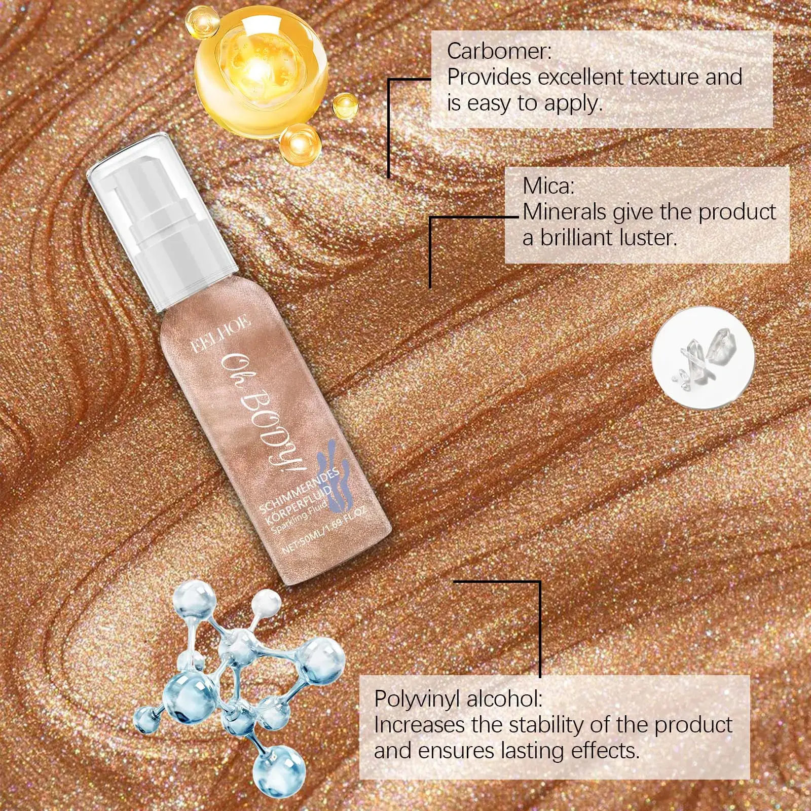 Body Glitter Spray Moisturizing Bronze Body Shimmer Glow Illuminator Non-Sticky Glitter Liquid Highlighter Spray for Face Body