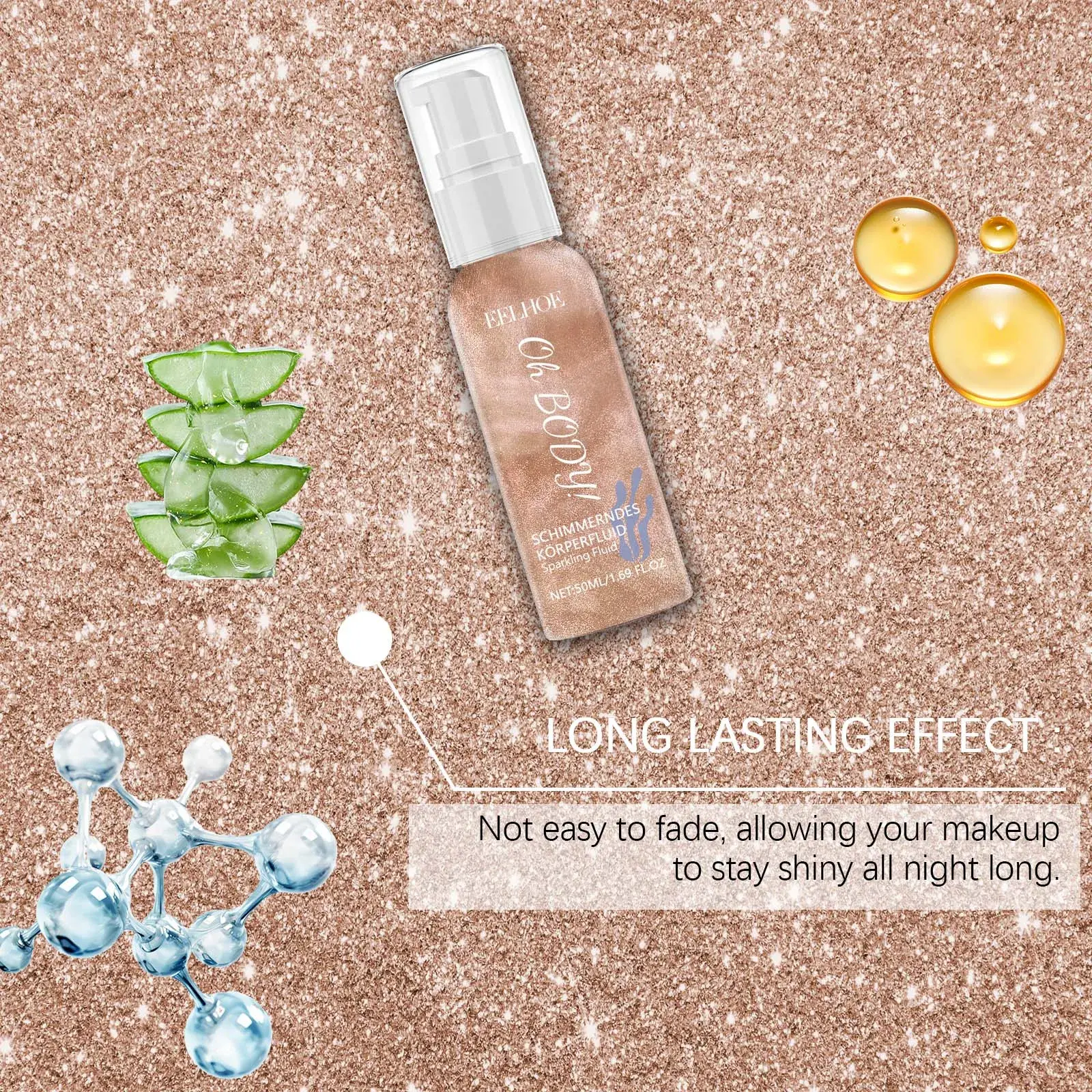 Body Glitter Spray Moisturizing Bronze Body Shimmer Glow Illuminator Non-Sticky Glitter Liquid Highlighter Spray for Face Body
