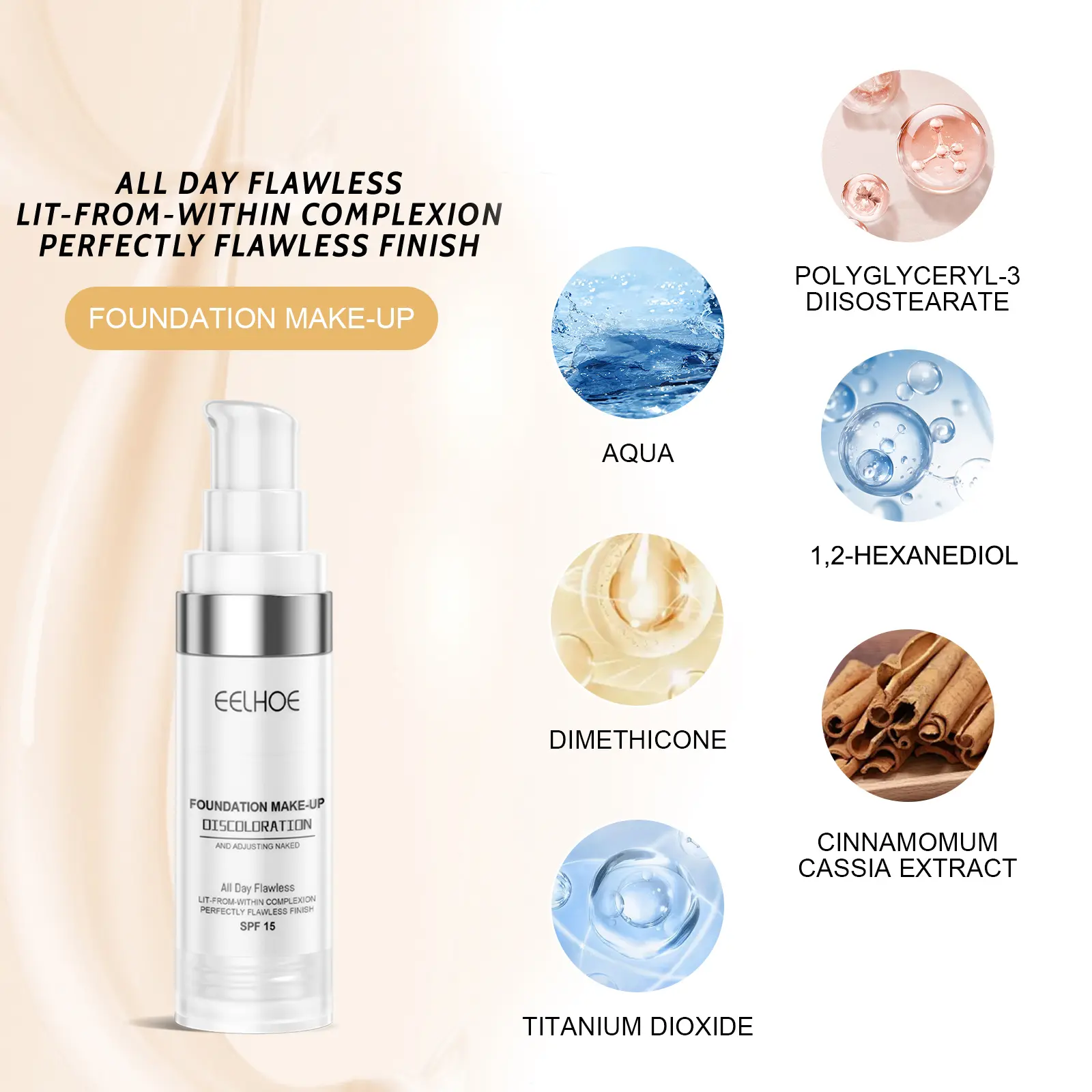EELHOE 30ml Liquid Foundation Covers Flaws Sunscreen Waterproof Matte Moisturizer Quick Makeup Natural Face Makeup Portable