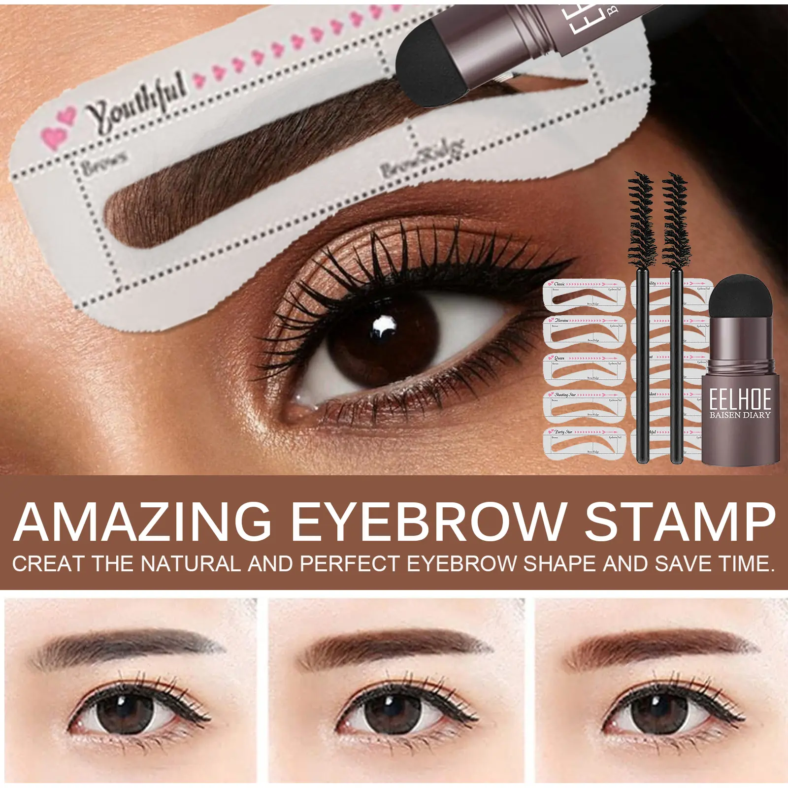 Eyebrow Stamp Kit Dark Brown Waterproof Eyebrow Powder, Lazy Girl Eyebrow Makeup, Hairline Powder, Easy Fill & Shape