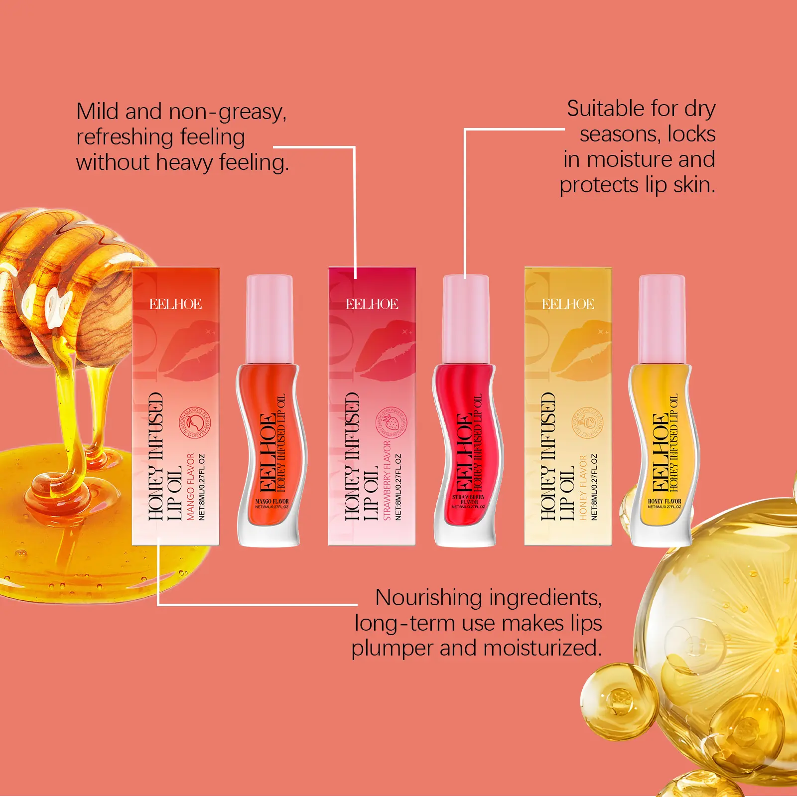 Eelhoe Lip Moisturizing Oil Series Keep Plumping Lasting Shiny Deep Hydrating Non Stick Women Flavoring Makeup Lip Gloss Liquids