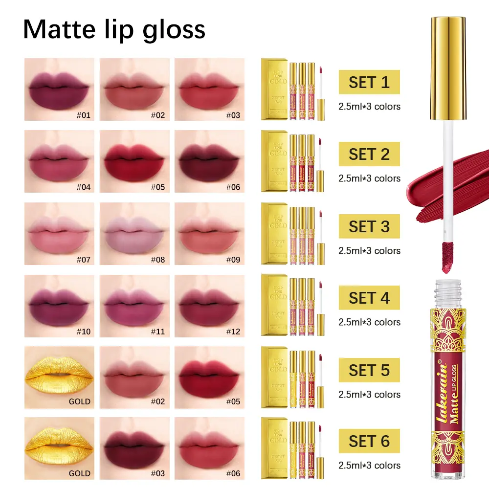 3Colors/Lot Matte Lip Gloss Set Velvet Smooth Liquid Lipstick Long Lasting Waterproof Lip Tint Batom Nude Red Gold Lipgloss Mud