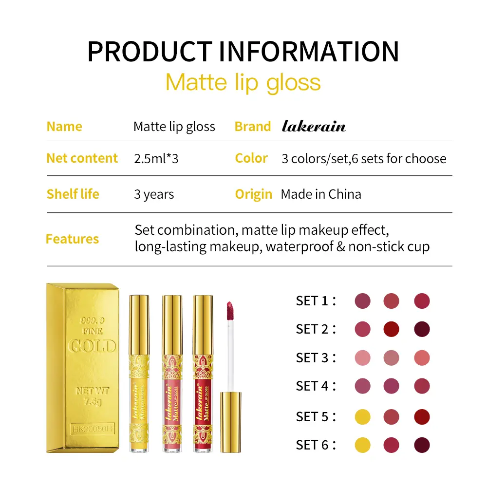 3Colors/Lot Matte Lip Gloss Set Velvet Smooth Liquid Lipstick Long Lasting Waterproof Lip Tint Batom Nude Red Gold Lipgloss Mud
