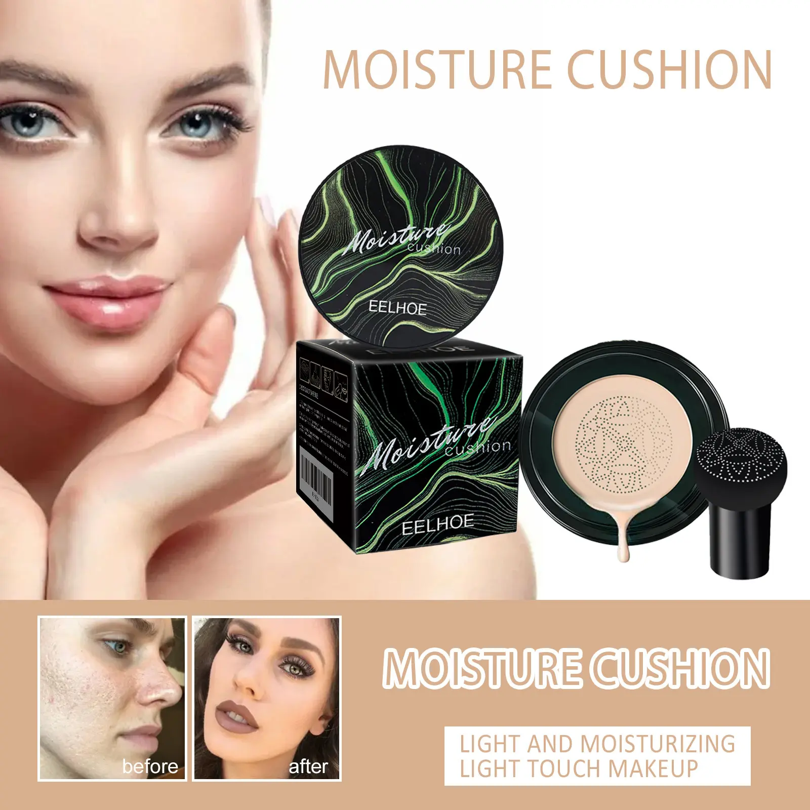 EELHOE Mushroom CC Cream Waterproof Foundation High Coverage Makeup Base Oil Control Nourish Flawless CC Cream with Air Cushion