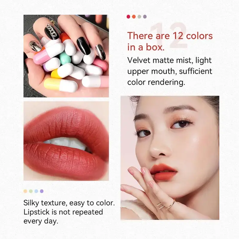 12 Lipsticks,Long-lasting Lip Plumping Capsule Lipstick,Matte Lip Gloss,Mini Velvet Lipstick Set,Cosmetics Valentine's Day Gift