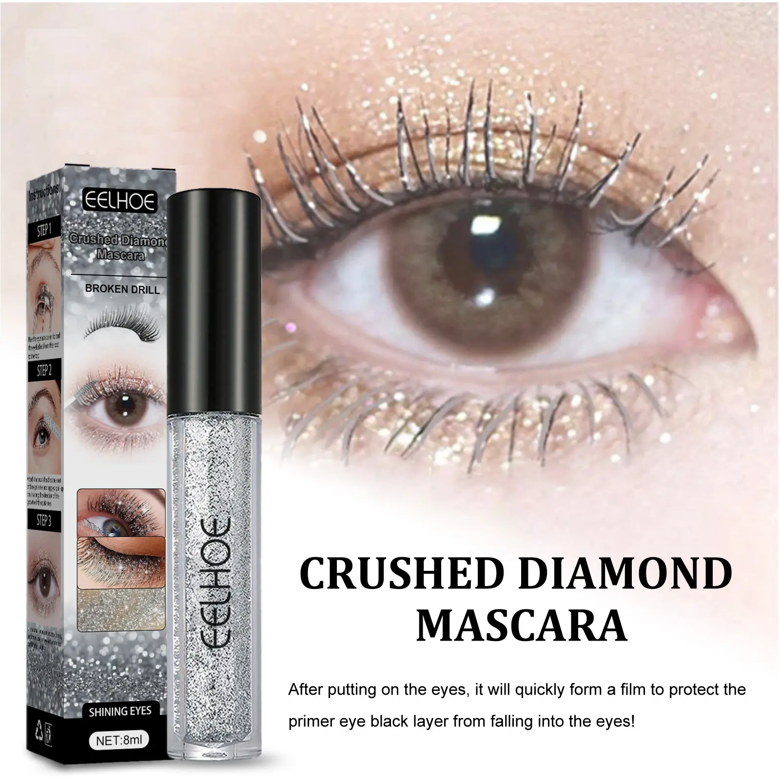 EELHOE Diamond Mascara Long Lasting Waterproof Volume Lashes Extension Lengthening Eyelashes Curling Mascara Shimmer Cosmetics