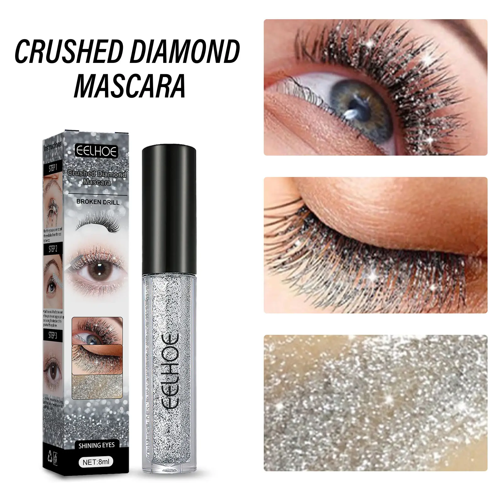 EELHOE Diamond Mascara Long Lasting Waterproof Volume Lashes Extension Lengthening Eyelashes Curling Mascara Shimmer Cosmetics