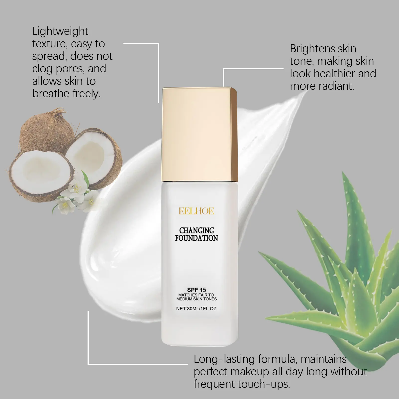 EELHOE Colour Changing Foundation Spf 15 Sun Protection Waterproof Oil Control Brighten Colour Changing Mature Skin Foundation