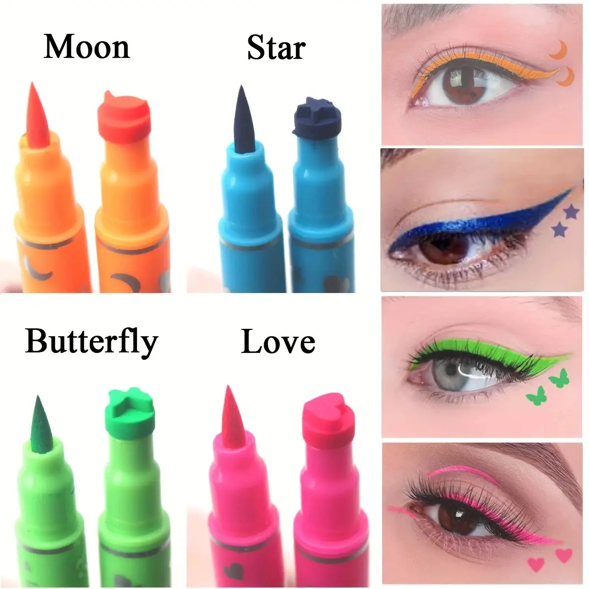 Double-head Liquid Stamp Eyeliner Set, 4 Styles/Colors Waterproof Slim Gel Felt Tip Liquid Eyeliner,Stars Hearts Moon Butterfly