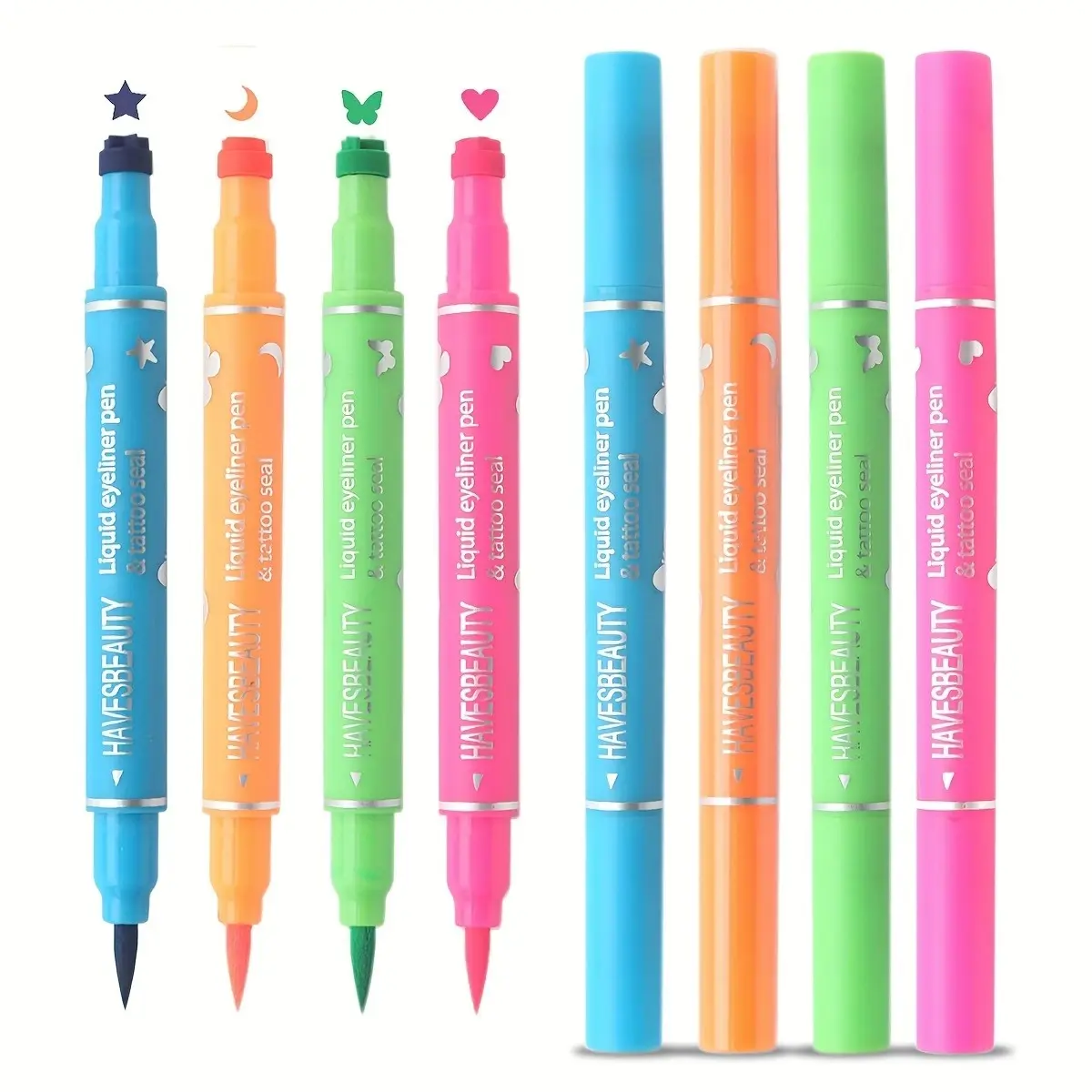 Double-head Liquid Stamp Eyeliner Set, 4 Styles/Colors Waterproof Slim Gel Felt Tip Liquid Eyeliner,Stars Hearts Moon Butterfly