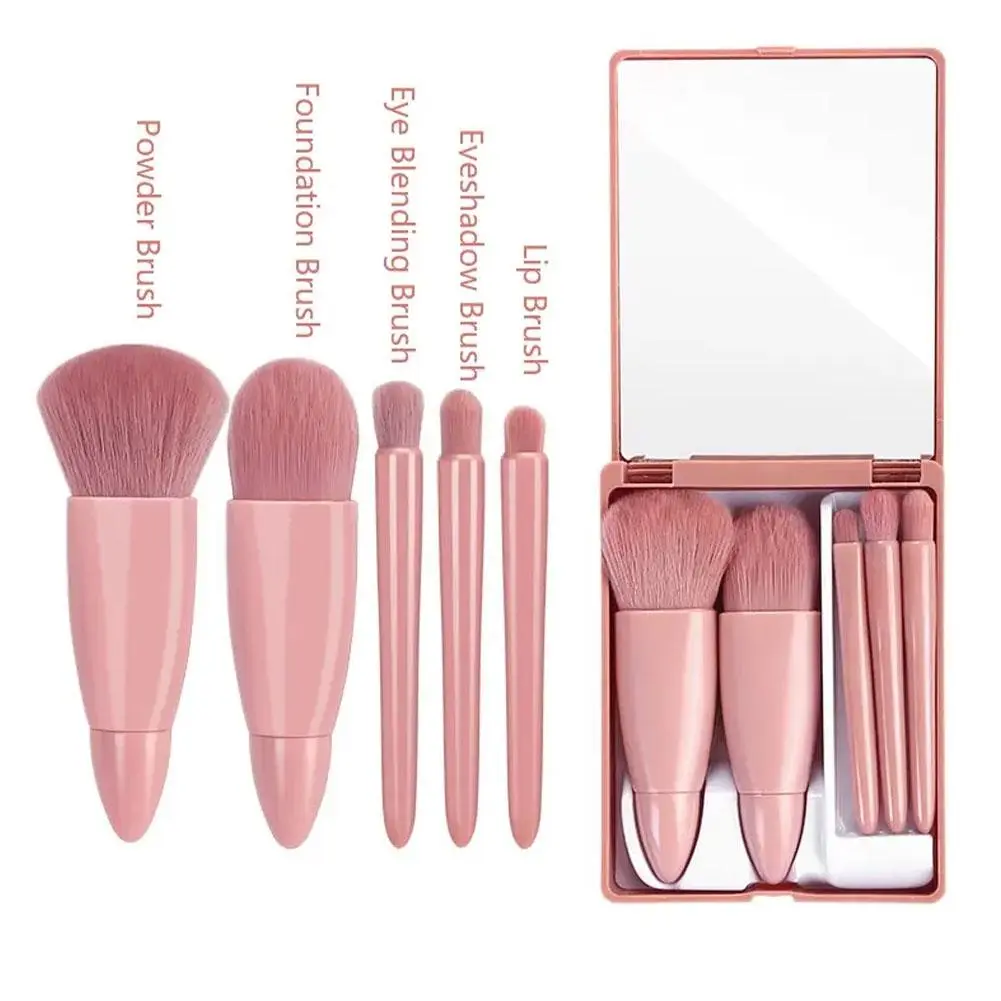 5Pcs Portable Makeup Brush Set With Mirror - Foldable Travel Kit ，Mini Makeup Brush Set Travel Makeup Brush Set