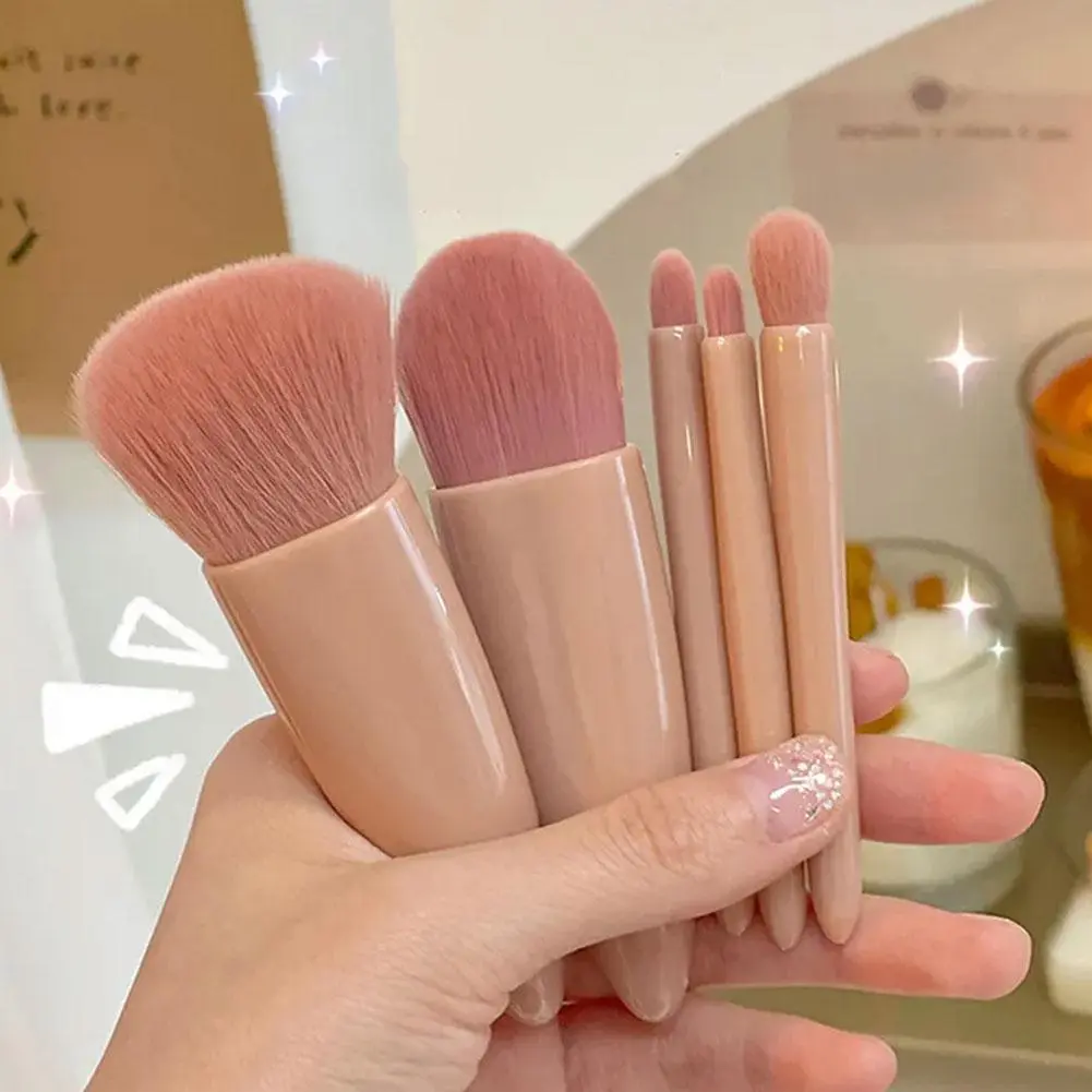5Pcs Portable Makeup Brush Set With Mirror - Foldable Travel Kit ，Mini Makeup Brush Set Travel Makeup Brush Set