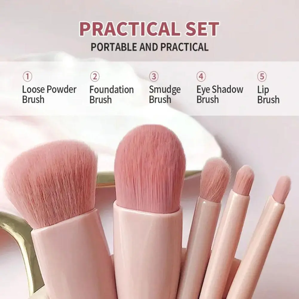 5Pcs Portable Makeup Brush Set With Mirror - Foldable Travel Kit ，Mini Makeup Brush Set Travel Makeup Brush Set