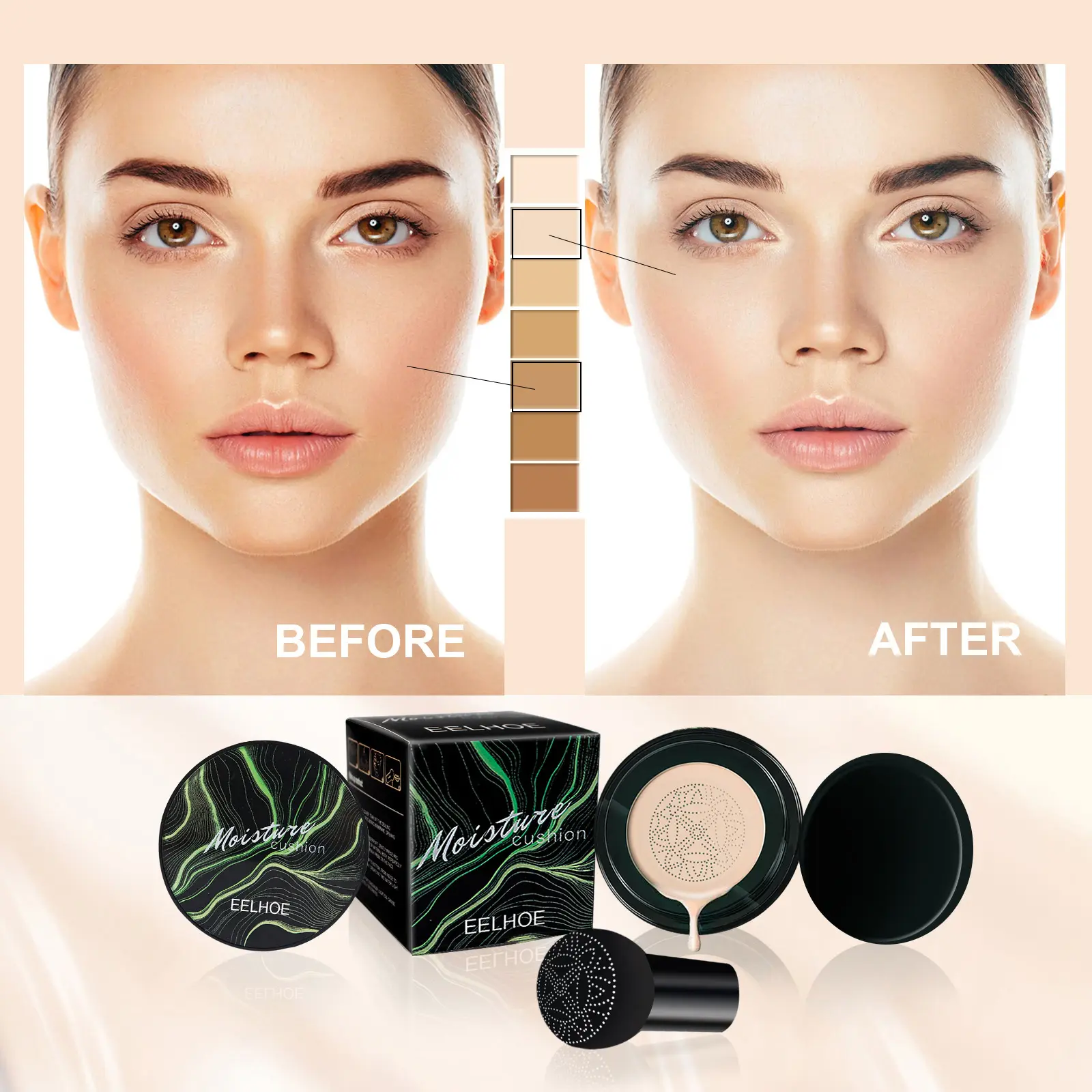 Eelhoe Set Foundation Cushion Natural Finish Flawless Tone Bright Hydrate Defense Shine Control Skin Adapt Complexion Perfector