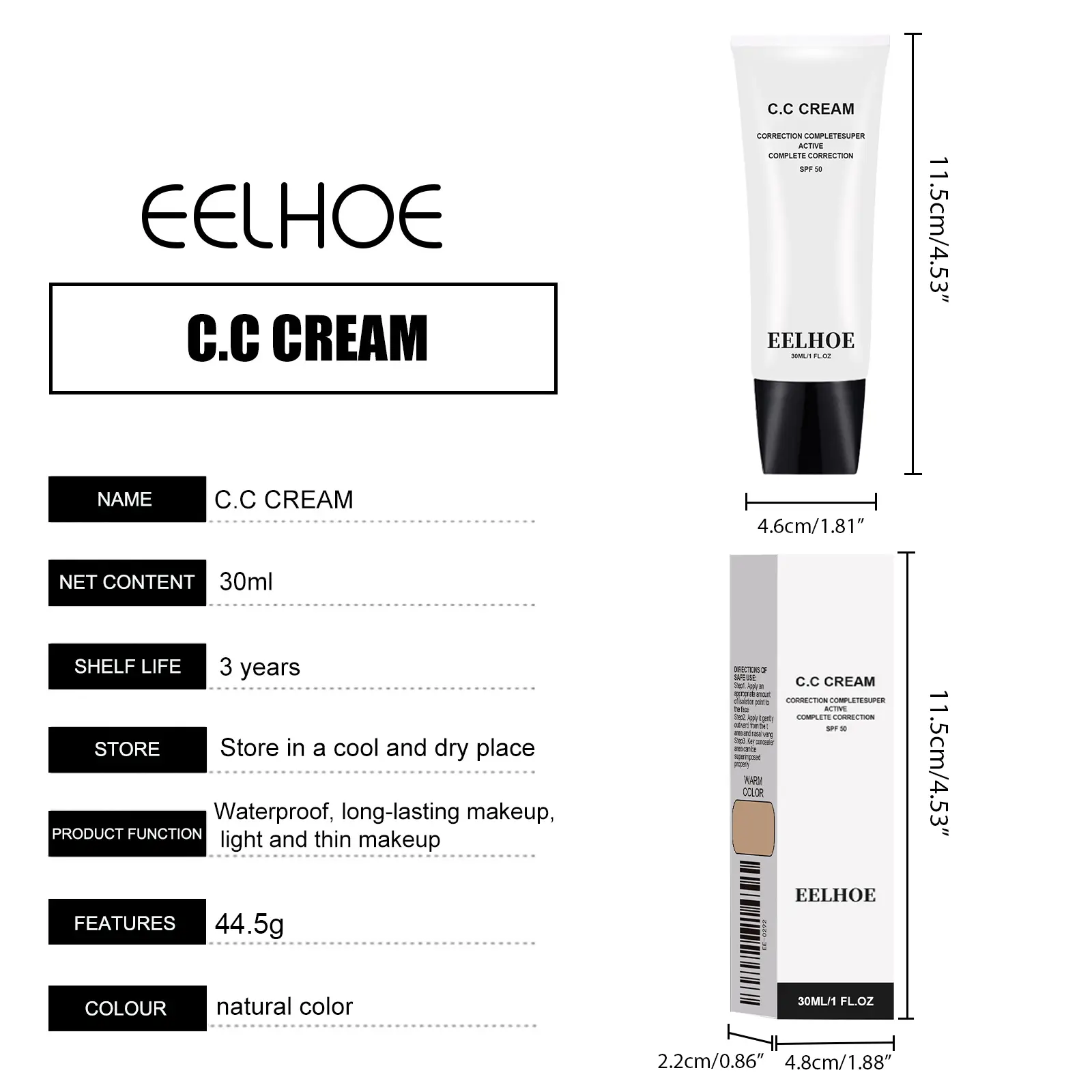 Eelhoe Makeup Base Cc Cream Foundation Waterproof Lasting Moisturizing Concealer Lighting Skin Brighten Matte Face Primer Cream