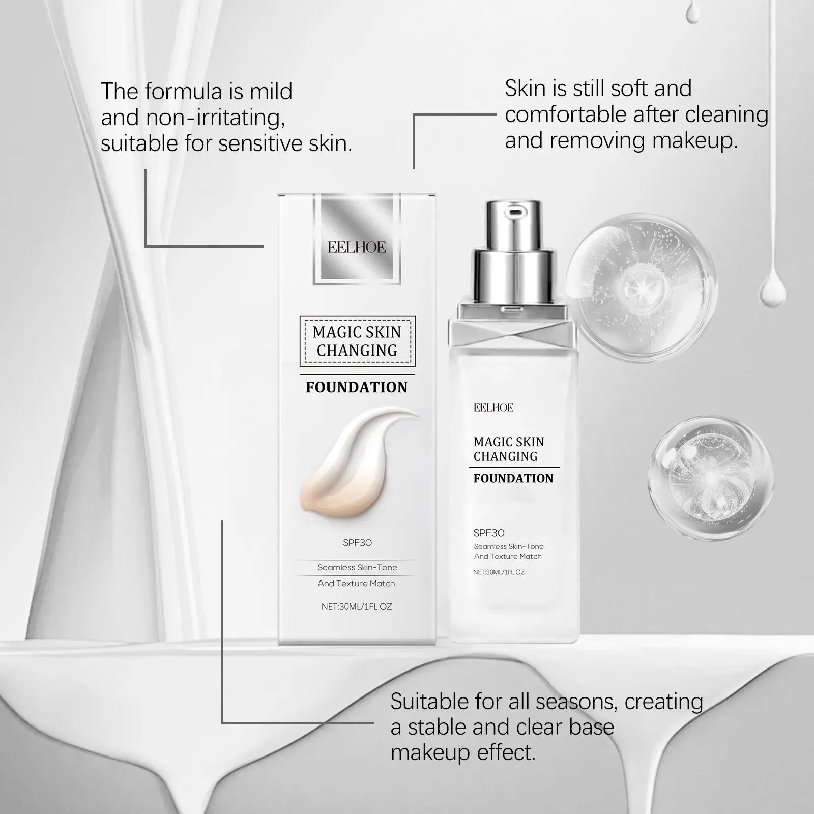 EELHOE Color Changing Foundation Liquid Waterproof Oil Control Matte Brightening Face High Coverage Base Makeup Foundation 30ml