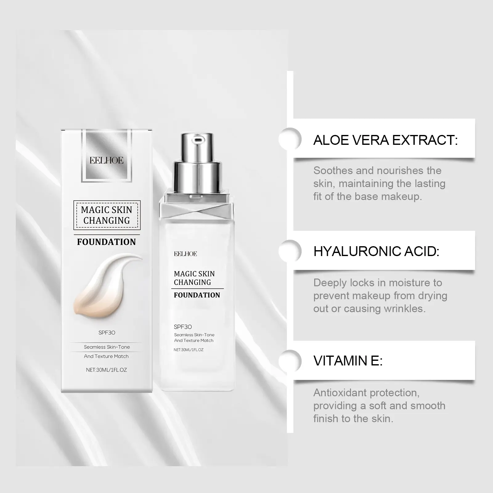 EELHOE Color Changing Foundation Liquid Waterproof Oil Control Matte Brightening Face High Coverage Base Makeup Foundation 30ml