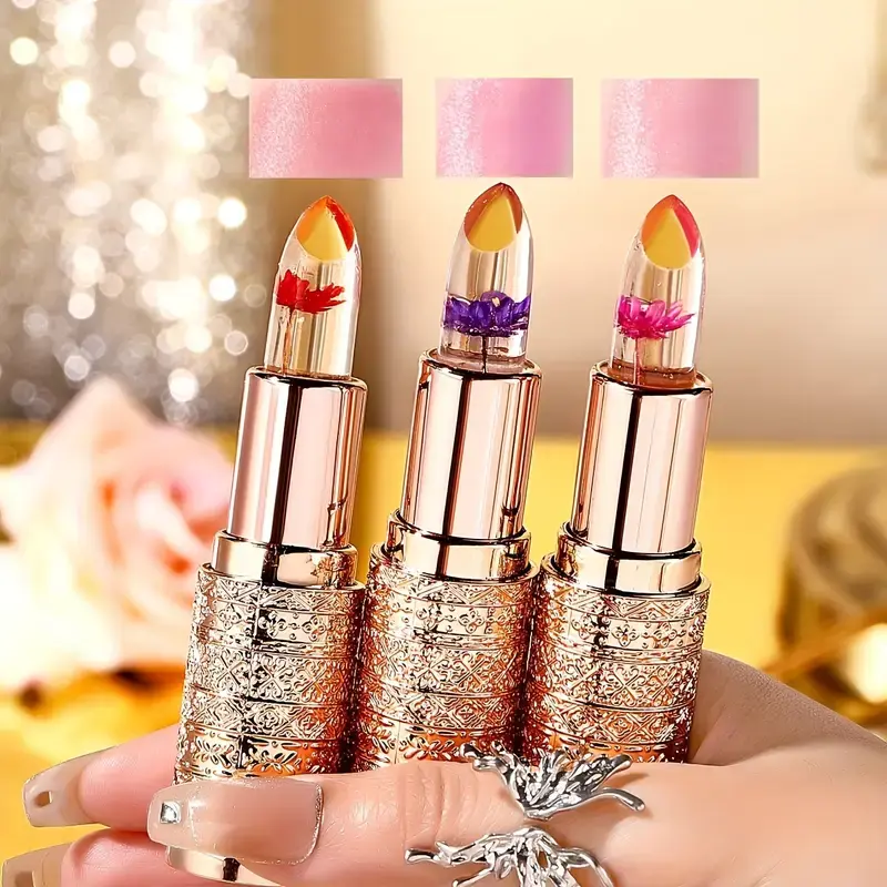 3pcs Nature Inspired Color Changing Flower Jelly Lipstick Set-Moisturizing,Long-lasting,Temperature-sensitive Balm Lip Gloss Set