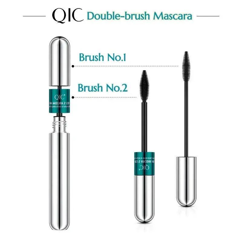 QIC Double Effect 4D Mascara Waterproof Long Curl Natural Thick Eyelash 2-in-1 Black Mascara with 2 Brush Heads