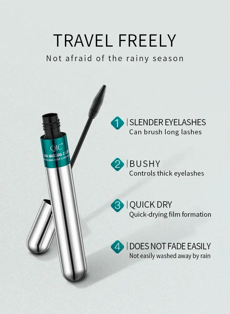 QIC Double Effect 4D Mascara Waterproof Long Curl Natural Thick Eyelash 2-in-1 Black Mascara with 2 Brush Heads