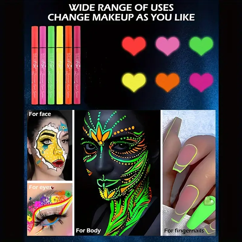 6pcs Glow UV Reactive Glow in the Dark Face and Body Paint Set, Neon Liquid Eyeliner, Mixing Color for Masquerade,Music Festival