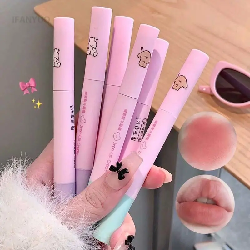 Iron Lip Cream with Cushion Applicator Velvet Matte Nude Lip Mud Creamy Moisturizing Soft Mist Powder Liquid Lipstick Blush Tint