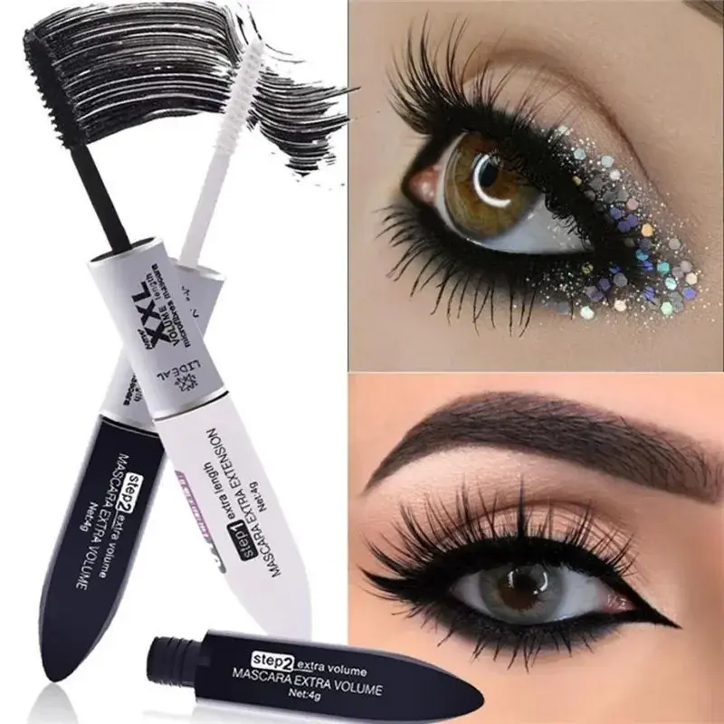 2 IN 1 4D Silk Fiber Lash Mascara Black Mascara Waterproof Silk Fiber Volume Double Lengthening Curling Eye Mascara