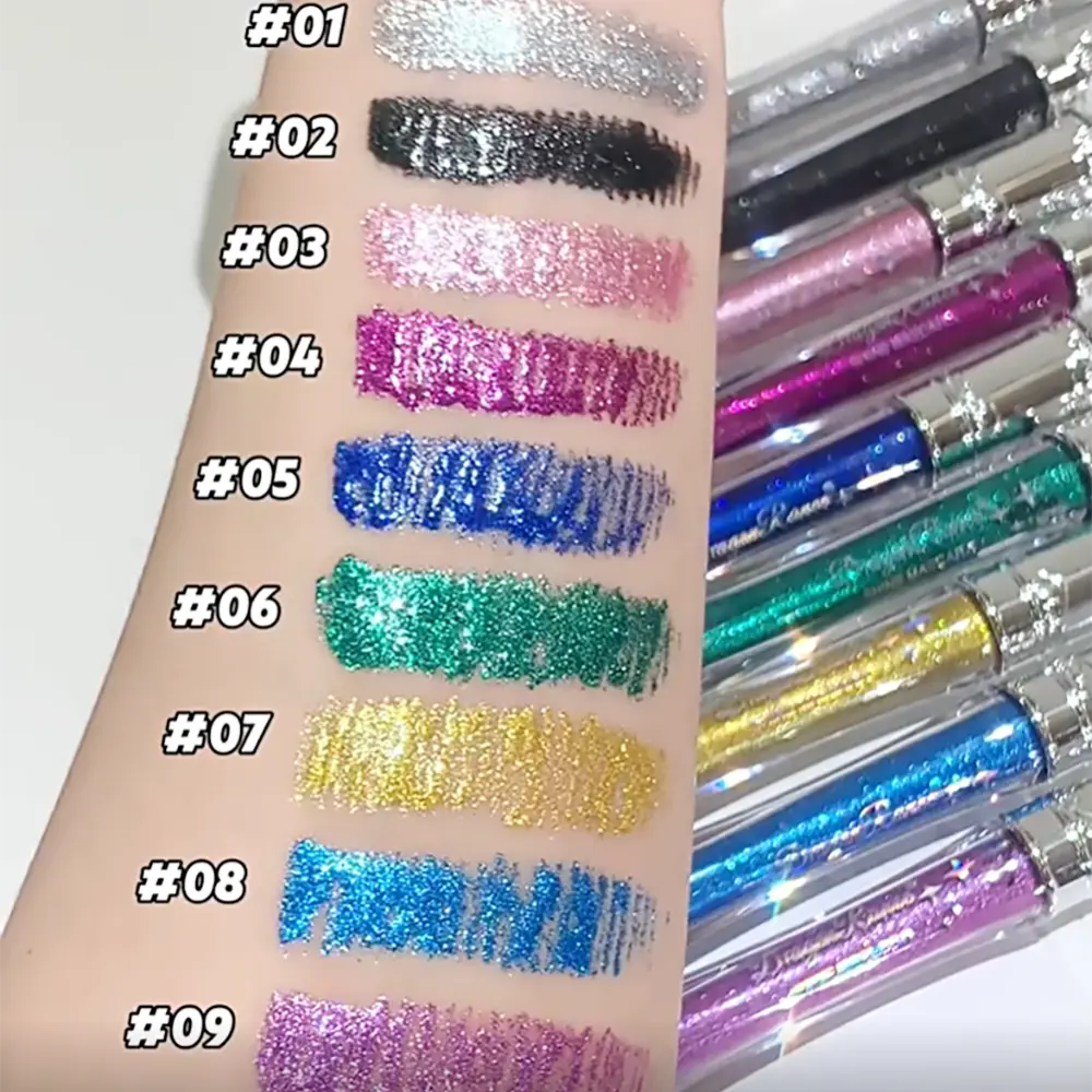9-Color Sparkling Diamond Mascara Waterproof  Smudge-Proof Volume Curl Eyelash Extension Glitter Golden Crystal Scepter Makeup