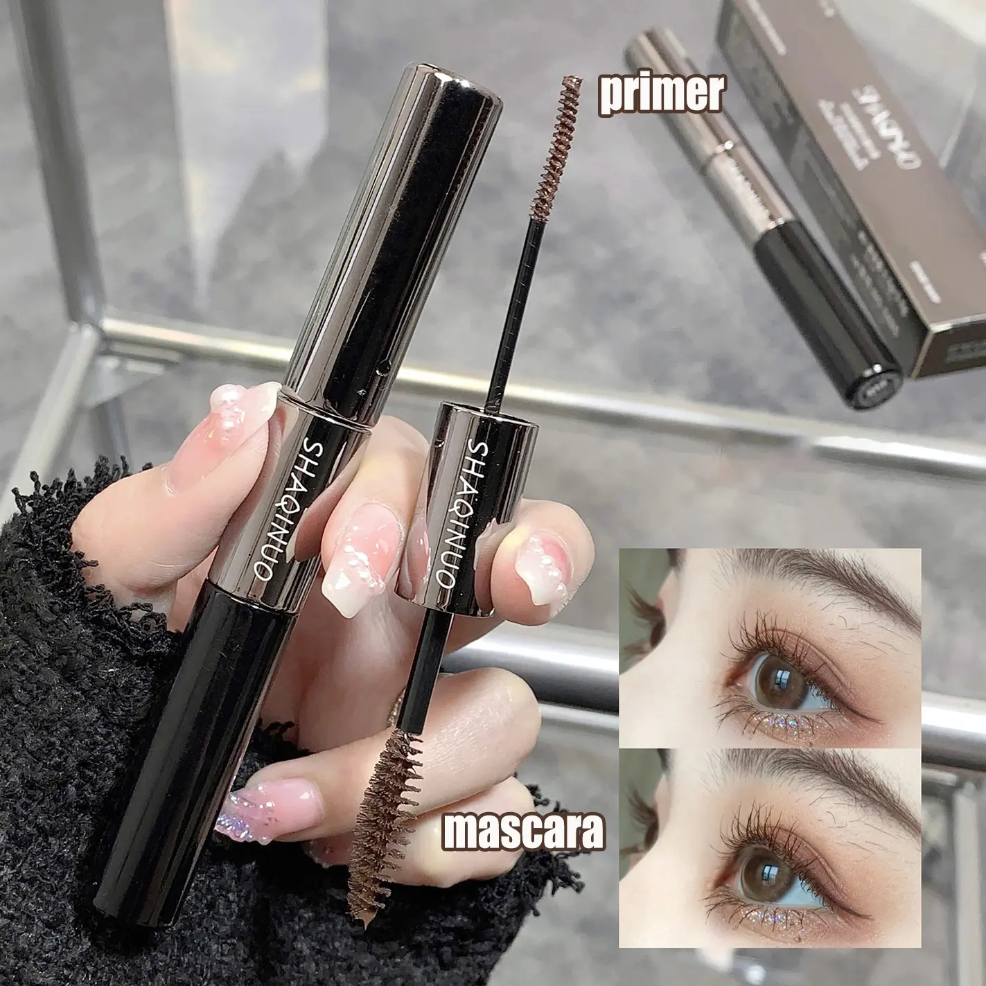 Slim Curly Double Head Lashes Mascara 2 IN 1 Eyelash Primer Base Cream Waterproof Black Brown Curling Eyelash Extensions Makeup