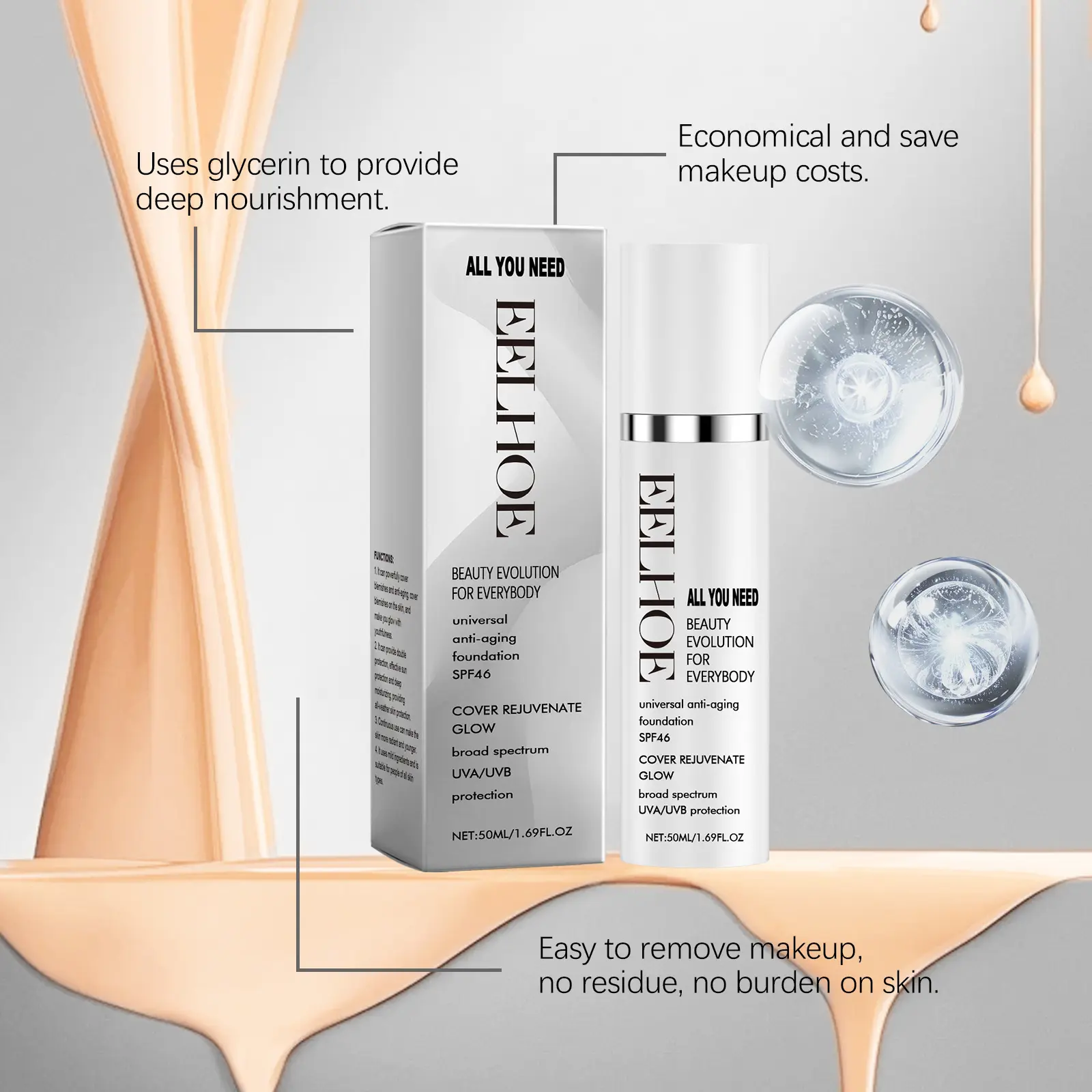 EELHOE Liquid Foundation Full Coverage Spf 46 Waterproof Moisturizing Skin Lightening Concealer Makeup Sun Protection Face Cream