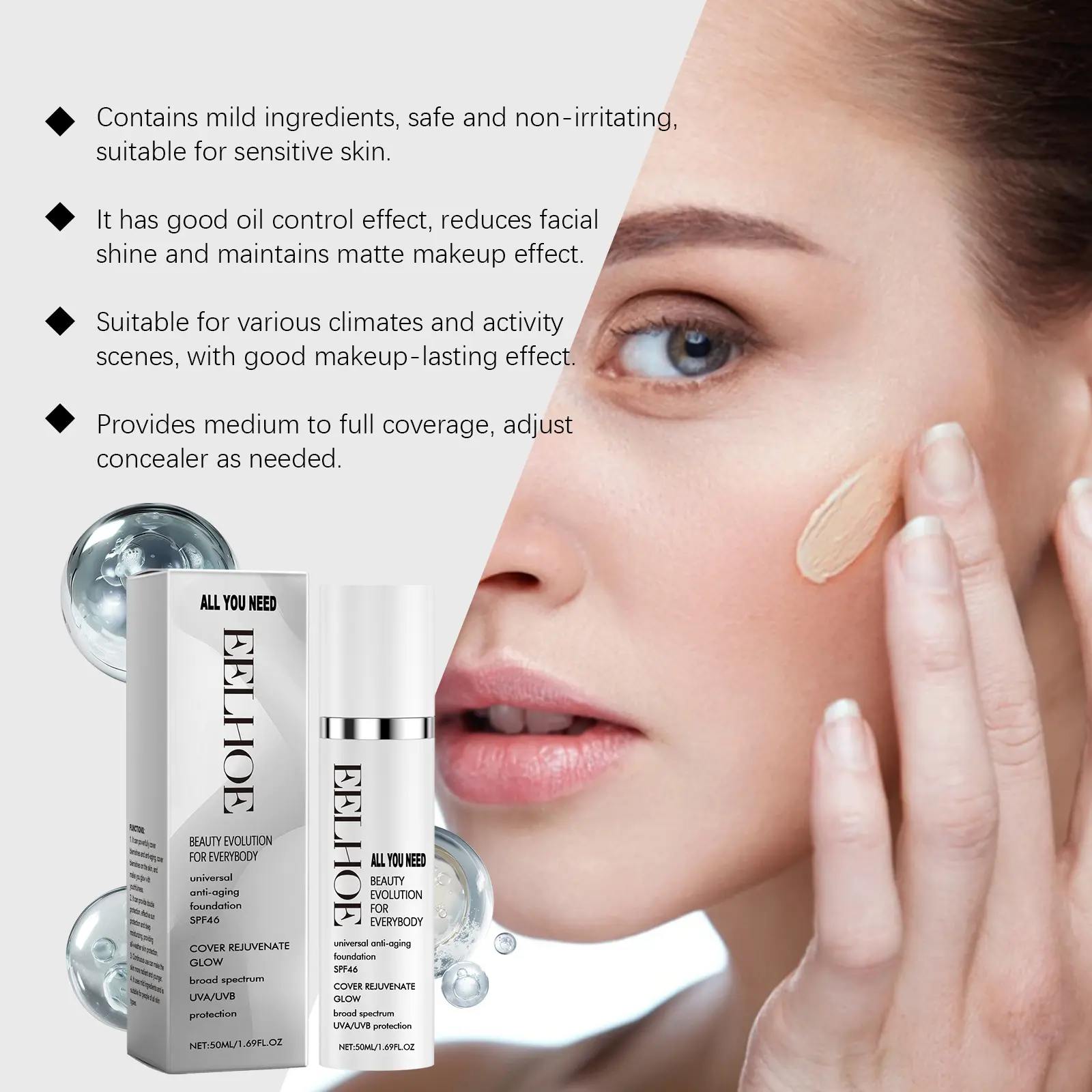 EELHOE Liquid Foundation Full Coverage Spf 46 Waterproof Moisturizing Skin Lightening Concealer Makeup Sun Protection Face Cream