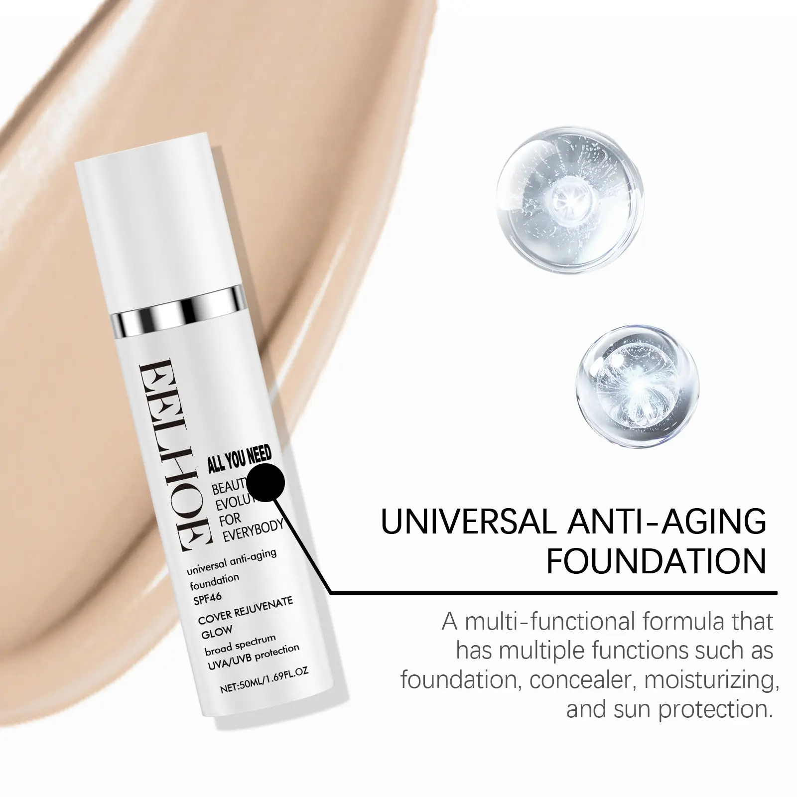 EELHOE Liquid Foundation Full Coverage Spf 46 Waterproof Moisturizing Skin Lightening Concealer Makeup Sun Protection Face Cream