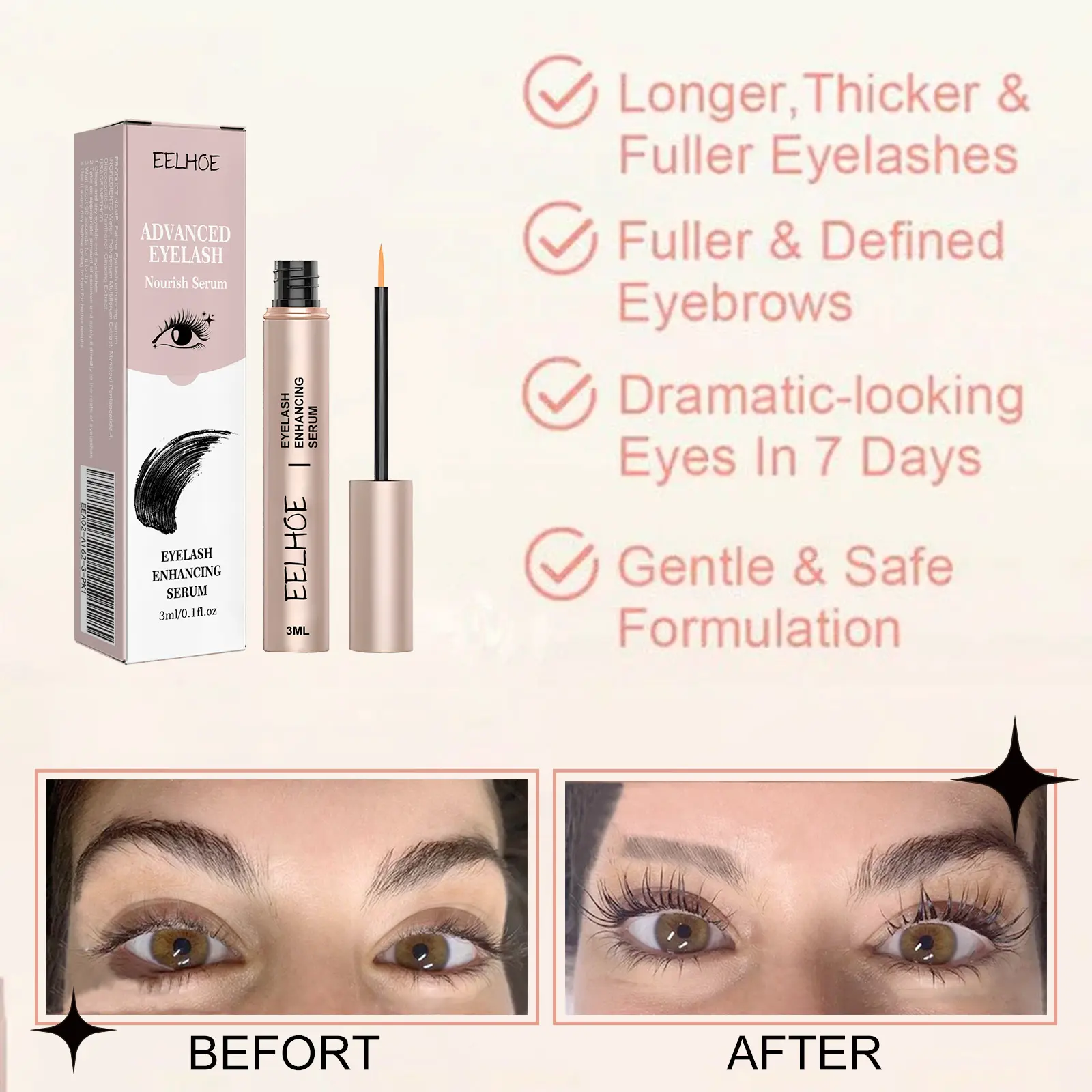 Eyelash Enhancer Serum Curls Hair Thickener Strengthen Eyelash Mascara Lengthening 7 Day Eyelash Growth Serum for Eyebrows 3ml
