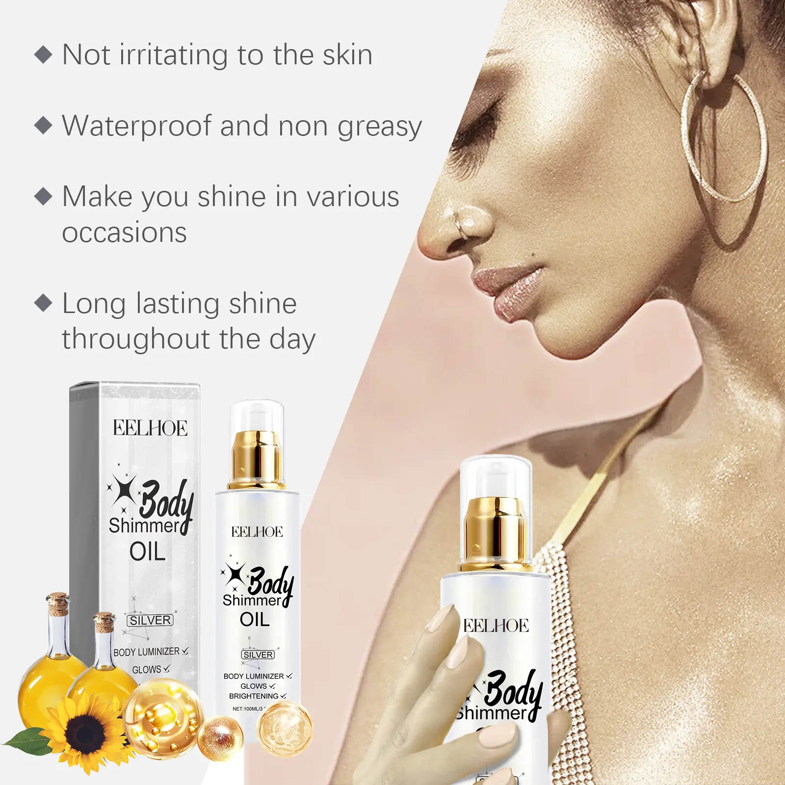 EELHOE Body Oil with Shimmer Brighten Glitter Face Contour Highlighter for Body Smooth Bronzer Liquid Illuminator Makeup 100ml