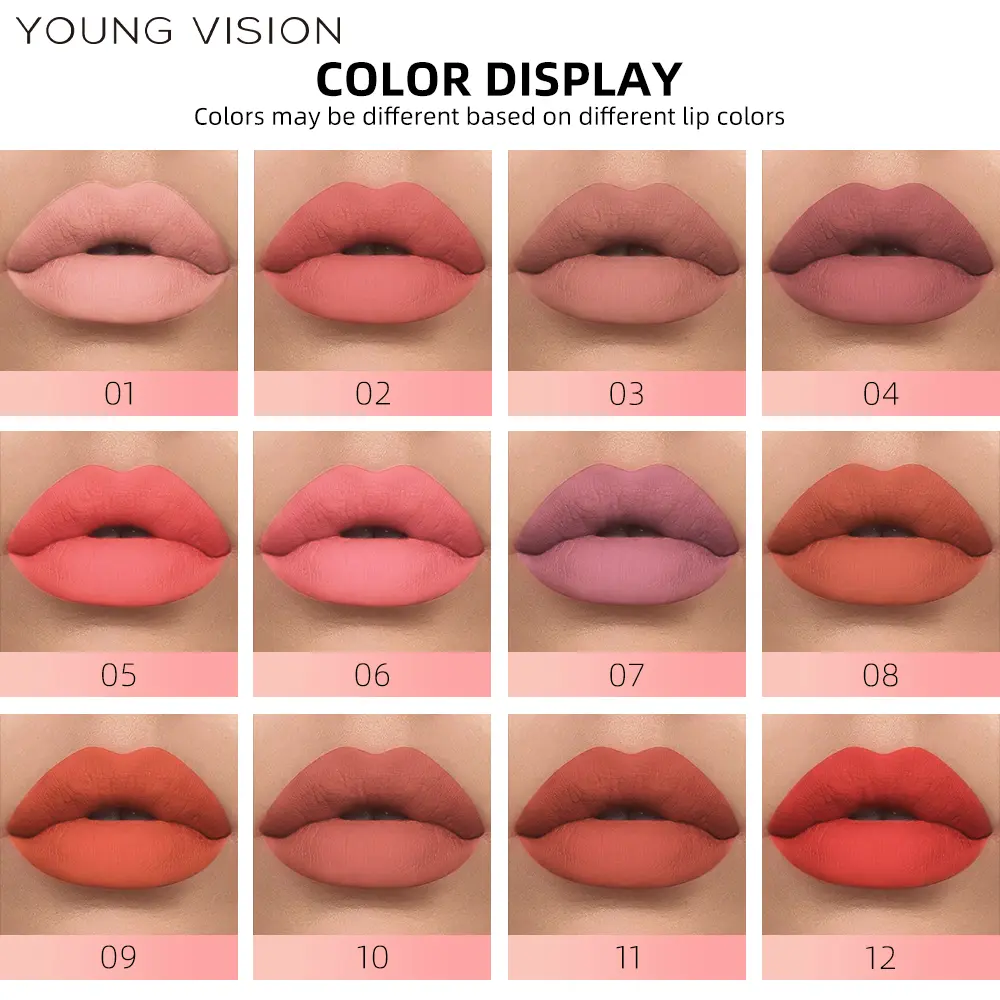 YOUNG VISION 12 color matte velvet lip gloss, non stick to cup, non fading lip gloss, liquid lipstick